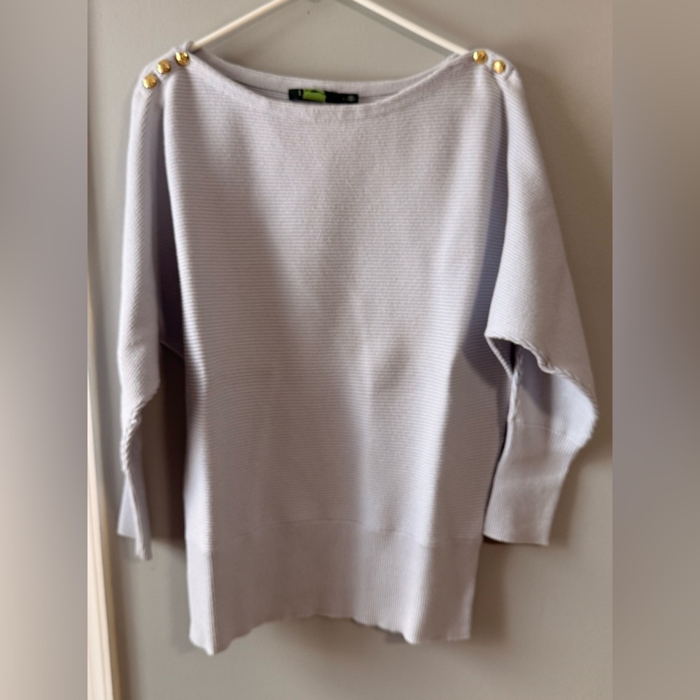 Elegant Lauren Light Blue Sweater with Gold Button Accents
